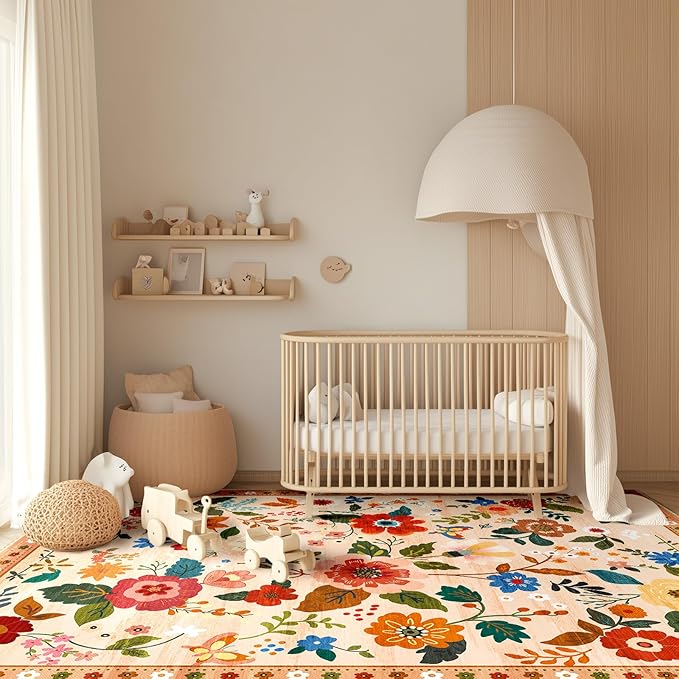 Floral 9x12 Area Rug Machine Washable Soft Print Boho Carpet Non Slip Doormat Low Pile Flower Area Rugs for Living Room Bedroom Nursery Kitchen Dining Room Indoor-Light Orange