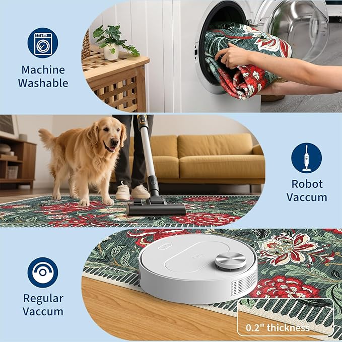 GarveeHome Floral Botanical Washable Rugs 5x7 Area Rug for Living Room, Grey Green Vintage Boho Cottage Throw Rugs Low Pile Carpet for Bedroom Dining Nursery Rug