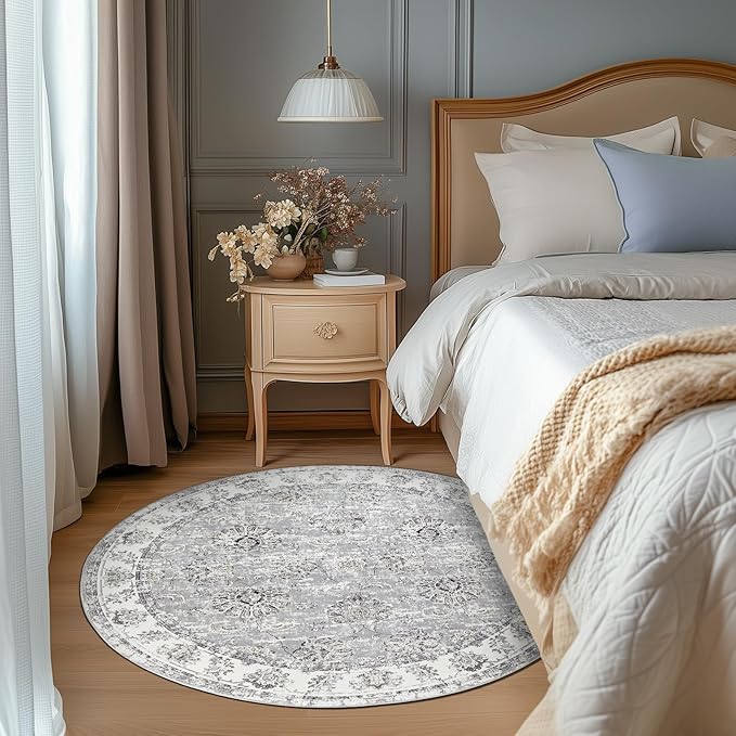 jinchan Round Rug 4ft Area Rugs Vintage Floral Distressed Design - Machine Washable Non-Slip Low-Pile Ultra-Thin Circle Rug for Entryway Bedside Living Room Dining Room Bedroom (4' Round,Grey)