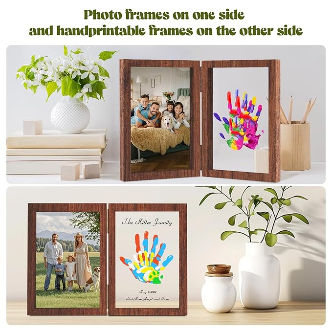 Family Handprint Kit, DIY Baby Hand and Footprint Handmade Keepsake Wooden Frame, Family Gifts with 5 Non-Toxic Baby-Safe Paint, Ideas Gift for New Parents Couple Friends