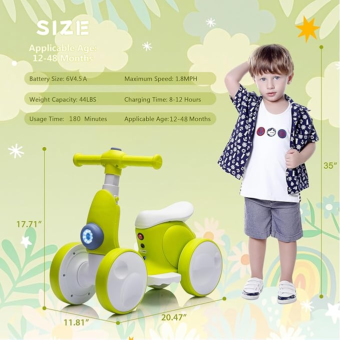 6V Electric Baby Balance Bike for 1 Year Old Boys Girls Ride on Toys 12-48 Months Toddler Balance Bike, 4 Wheels Kids First Bike with Remote Control First Birthday Gifts- Cyan