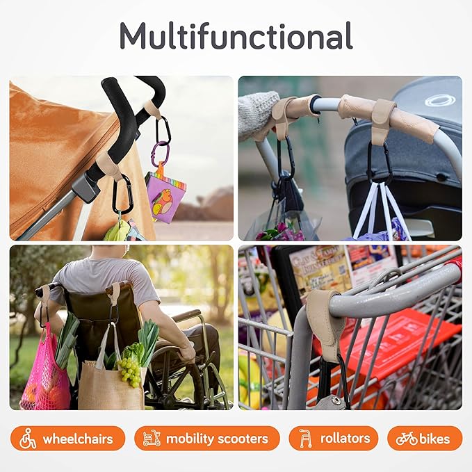 Baby Uma Stroller Hooks for Bags (2 Pack) - Leather-Style Stroller Clips and Hooks, Non-Slip Stroller Accessories, Carry 11 lbs Per Stroller Hook, Universal Baby Essentials & Stroller Accessories