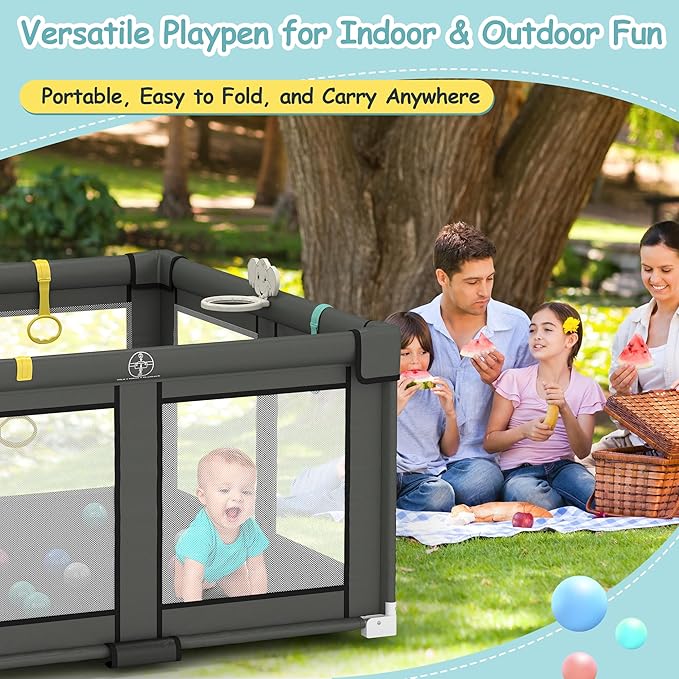Foldable Playpen for Babies and Toddlers, 50" X 50" Large Collapsible Play Pen with Basket, 4 Handlers & 50 Ocean Balls, Portable Travel Play Yard with Carry Bag, No Installation, Grey