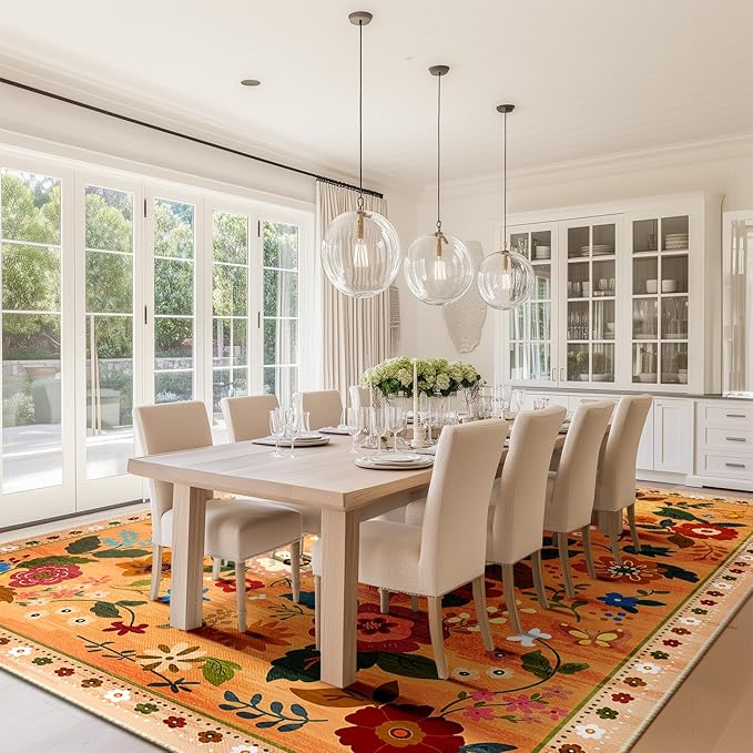 Floral 5x7 Area Rug Machine Washable Soft Print Boho Carpet Non Slip Doormat Low Pile Flower Area Rugs for Living Room Bedroom Nursery Kitchen Dining Room Indoor-Yellow/Orange