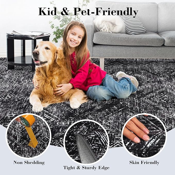 COZYLOOM Black Rug for Living Room 9x12 Machine Washable Area Rugs Modern Abstract Door Mats Non Slip Stain Resistant Geometric Accent Carpet for Bedroom, Dining Room, Nursery