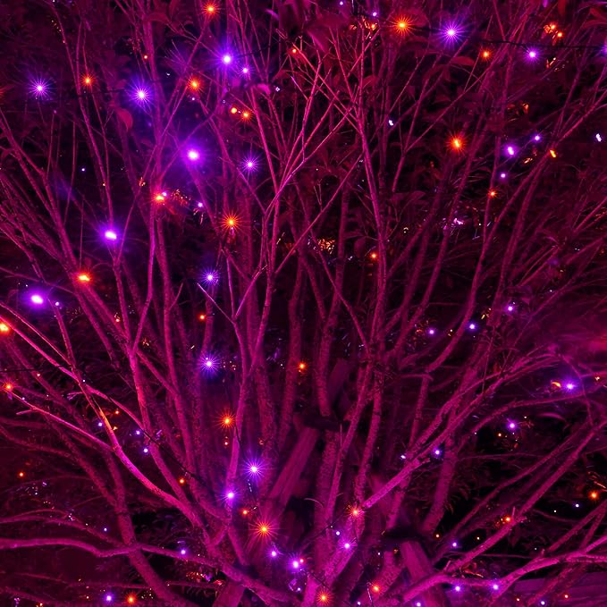 Dazzle Bright Purple & Orange Halloween String Lights, 33FT 100 LED Connectable Black Wire 8 Modes String Lights, Waterproof Halloween Decorations for Indoor Outdoor Patio Party Holiday