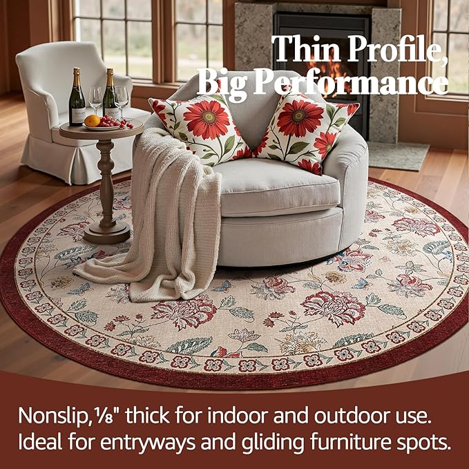 jinchan 6ft Floral Round Rug for Dining Room Washable Living Room Rug Vintage Romance Design Non Slip Indoor Floor Cover Lightweight Low-Profile Throw Carpet for Bedroom Porch Patio, Red/Beige