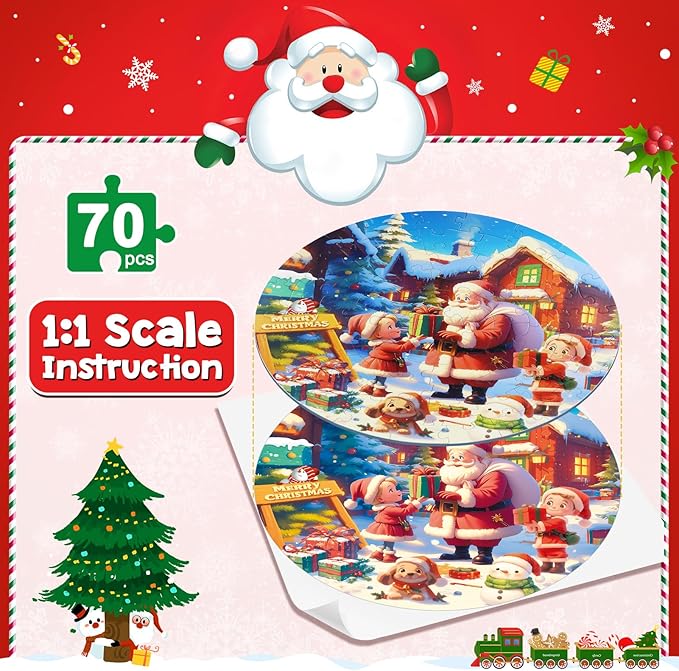 Christmas Puzzles for Kids Ages 4-6, Kids Puzzles with Santa Claus & Snowman,70 Piece Round Large Floor Puzzles for Kids Ages 3 4 5 6 7 8, Educational Toy Gift Jigsaw Puzzles for 5 Year Old Boys Girls