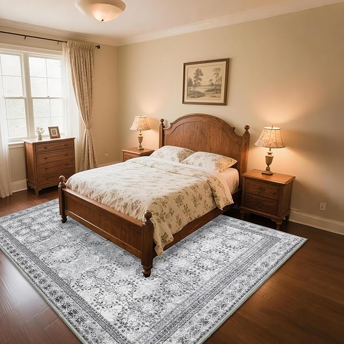 5x7 Washable Area Rug for Living Room Faded Grey, Non Slip Vintage Floral Bedroom Rugs Retro, Traditional Indoor Floor Carpet for Dining Room, Kitchen, Farmhouse, Office Classroom