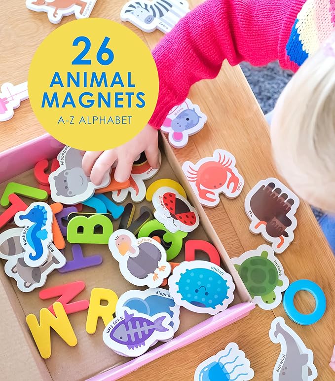 Curious Columbus Toddler Magnets – Animal Fridge Magnets for Kids | 52 Refrigerator Magnets with 26 Animals + 26 ABC Magnetic Letters | Foam Alphabet Learning Set for Toddlers
