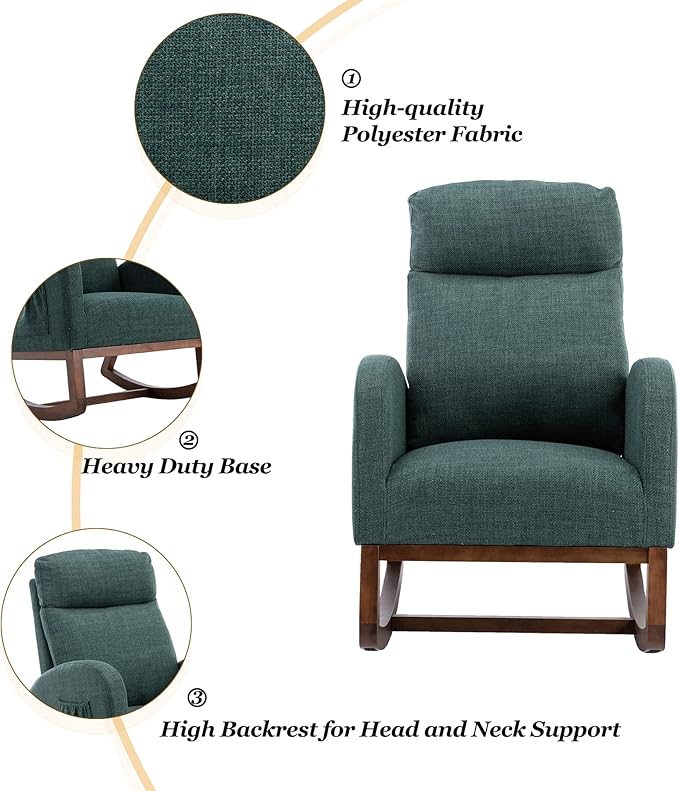 Dolonm Nursery Rocking Chair for Living Room, Upholstered Mid-Century Modern Nursery Rocking Armchair Tall Back Accent Glider Rocker, Emerald