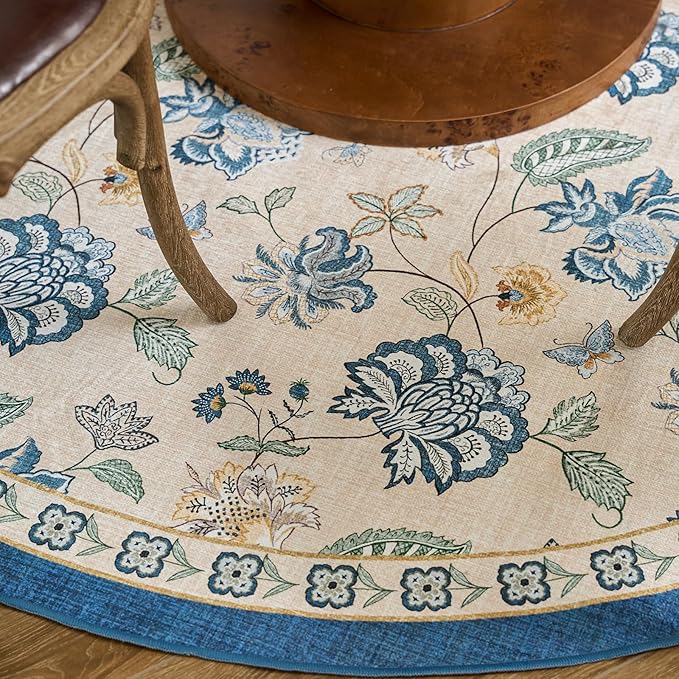jinchan Floral Corner Rug for Kitchen Washable Nursery Rug Vintage Romance Design Non Slip Quarter Circle Lightweight Low-Pile Throw Carpet for Playroom Reading Nook Office, 5ft Radius, Blue/Beige