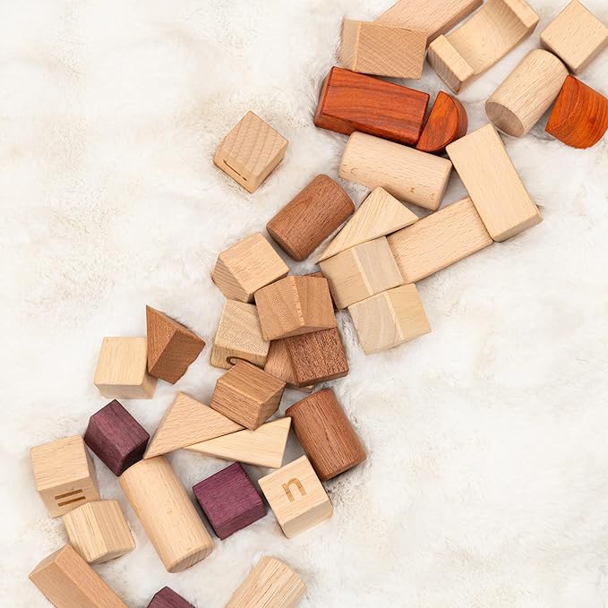 Alphabet Number Early Math Wooden Building Blocks Set - 86 Blocks in 6 Shapes with Wooden Storage Tray. Preschool Montessori Kids Toys. Stacking Learning Toys for Toddlers. Age 3 Years +