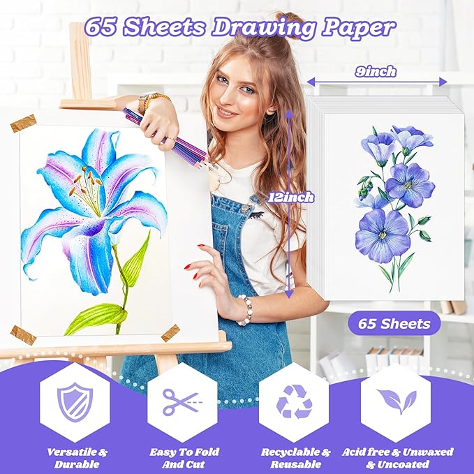 Drawing Paper, 9" x 12" Craft Art Paper, 65 Sheets (68lb/100gsm) Artist Sketching Drawing Easel Poster Paper Bulk, Art Supplies for Kids Adults, Arts & Crafts, White Construction Coloring