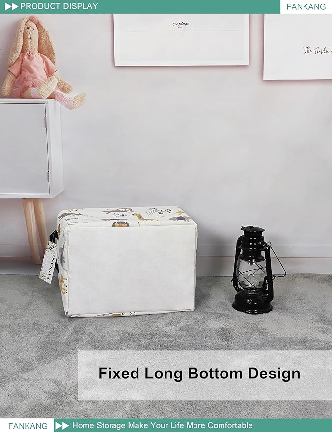 FANKANG Storage Bins, Nursery Hamper Canvas Laundry Basket Foldable with Waterproof PE Coating Large Storage Baskets for Kids Boys and Girls, Office, Bedroom, Clothes,Toys(Rec-Lovely Animals ）