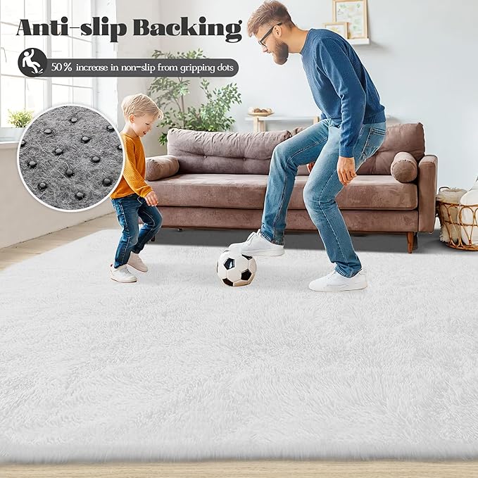 8x10 Area Rug for Living Room: Fluffy Shag Soft Washable Rugs Large Fuzzy Plush Indoor Carpet for Bedroom Nursery Playroom Kids Girls Boys Room (White, 8'x10')