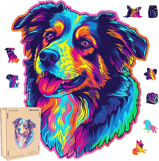 Australian Shepherd Dogs Wooden Puzzle 500pcs Stained Colorful Art Painting Wooden Puzzle for Kids Adults, Birthday Mother's Father's Day Christmas for Dad Mom Son Daughter(14.9 * 17.1in)