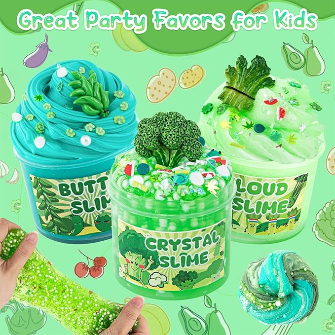 6 Packs Gradient Green Slime Kit - Cloud Butter Clear Slime, Crunchy Slimes for Kids with Various Slime Add-ins, Non Sticky Slimes Party Favors for Girls and Boys