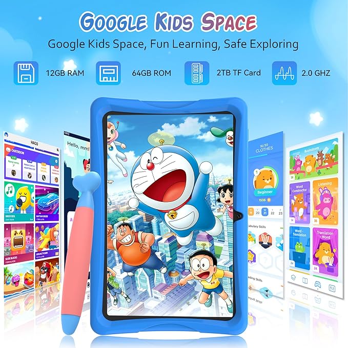 Kids Tablet 10 inch, Android 15 Tablets for Kid, Parental Control, Pre-Installed Kiddos Software & Kids Space, Includes Case & Stylus Pen, 12GB RAM 64GB ROM, 2TB Expand, HD IPS Screen(Blue)