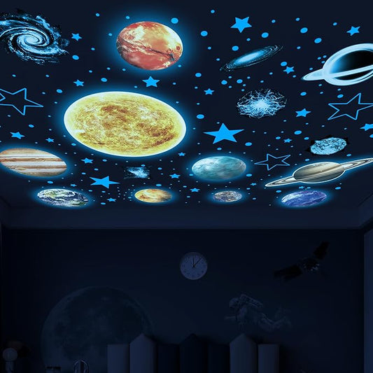 Glow in The Dark Stars and Planets for Ceiling, Glow Solar System Wall Stickers, Space Wall Decals for Kids Boys Room (Blue)