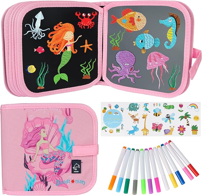 Erasable Doodle Set for Kids - Reusable Magic Drawing Book with 12 Watercolor Pens 14 Page Drawing, Road Trip Car Game Writing Painting Set for Boys and Girls (Mermaid)