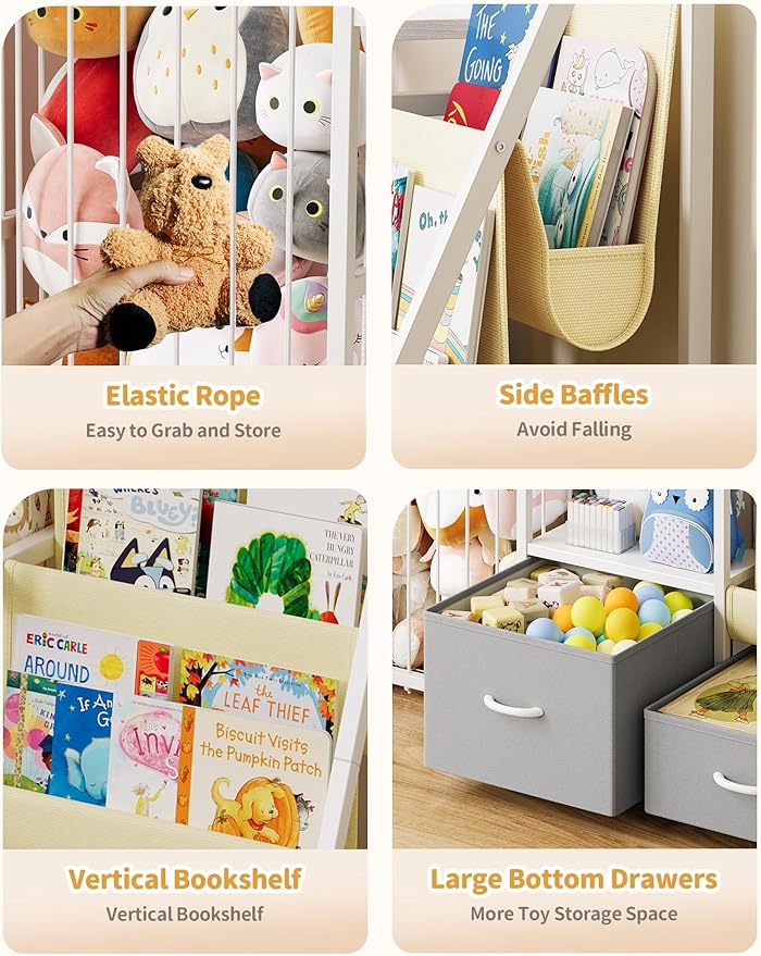 Kids Bookshelf and Toy Storage, Large 3 Tier Book Shelf for Kids Rooms, Sling Baby Bookcase with Stuffed Animal Storage, Toddler Montessori Bookshelf for Nursery, Playroom, Kindergarten