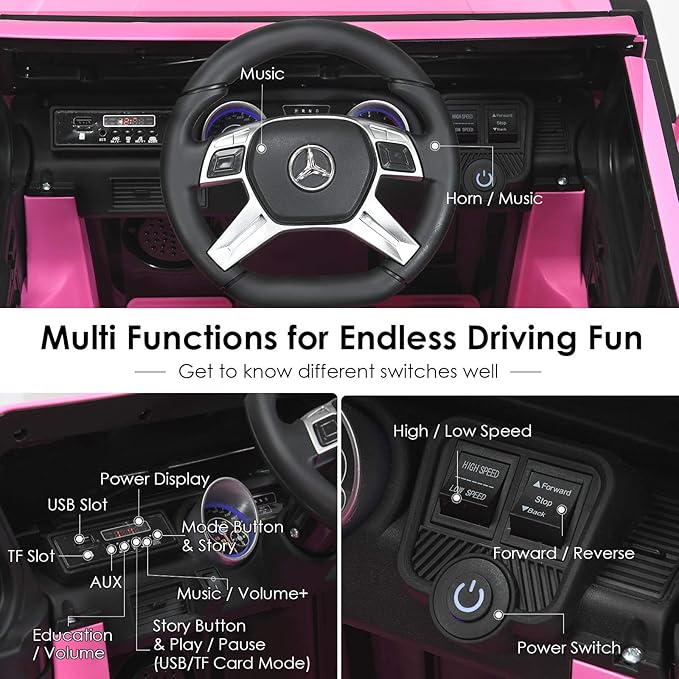 Costzon Ride on Car, Licensed Mercedes-Benz Maybach, 12V Battery Powered Vehicle Toy w/ 2 Motors, Remote Control, 3 Speeds, Lights, Horn, Music, Aux, Storage, Truck, Electric Car for Kids (Pink)