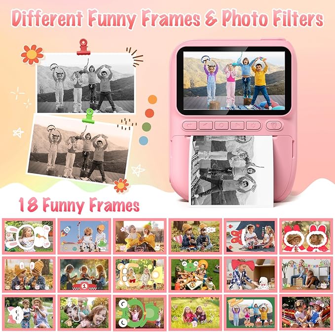 Instant Print Camera for Kids, 3.0" HD 32MP Kids Camera 1080P with 3 Rolls of Printer Paper, Birthday Gifts Toy for 3-12 Year Old Girls Boys with 32GB SD Card-Pink