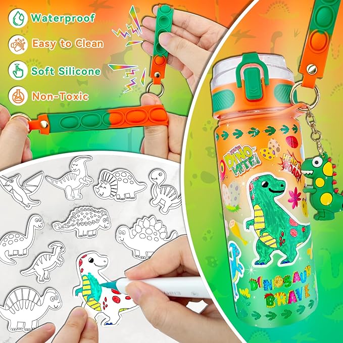 EDSPORTSHOUSE Decorate Your Own Water Bottle Kits for Boys Age 5-12,Dinosaur Painting Crafts,Fun Arts and Crafts Toys for Boys Birthday Christmas(Dinosaur)