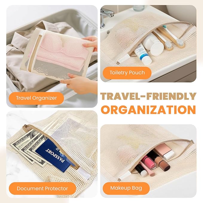 4Pcs Cotton Mesh Laundry Bags for Delicates,Breathable Mesh Garment Bag for Washing Machine,Travel Wash Bags with Zipper for Bras,Underwear,Socks,Baby Clothes,Laundry Dorm Room Essentials(M)