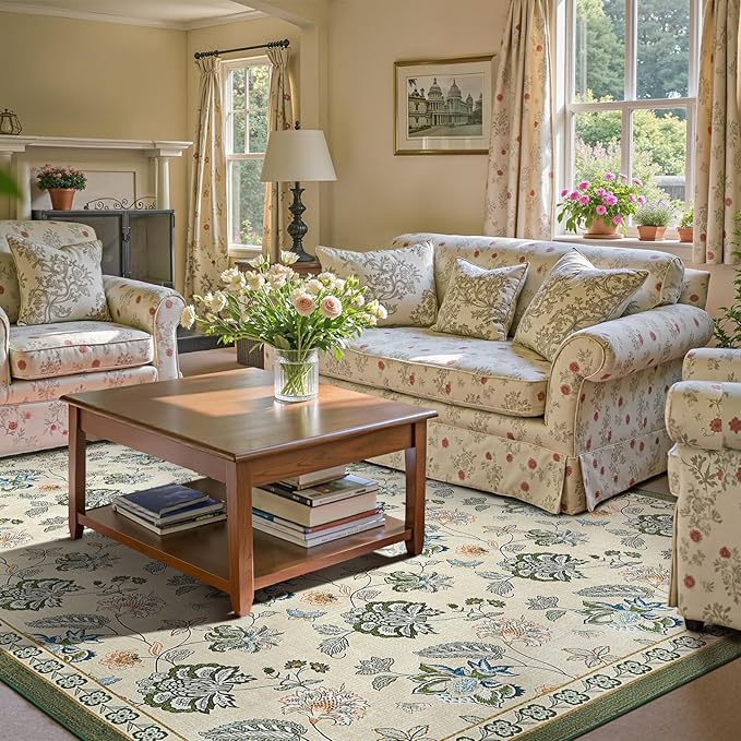 jinchan 8x10 Floral Rug for Living Room Washable Bedroom Rug Vintage Romance Design Non Slip Thin Indoor Floor Cover Large Low-Profile Throw Carpet for Dining Room Office, Green/Beige