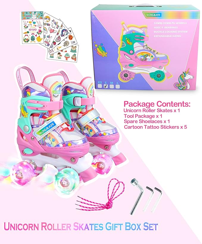 4-Pejiijar Rainbow Unicorn Kids Roller Skates for Girls Toddler Ages 2-4 5-8 8-12,Adjustable Roller Shoes with Luminous Wheels for Birthday Xmas Gifts