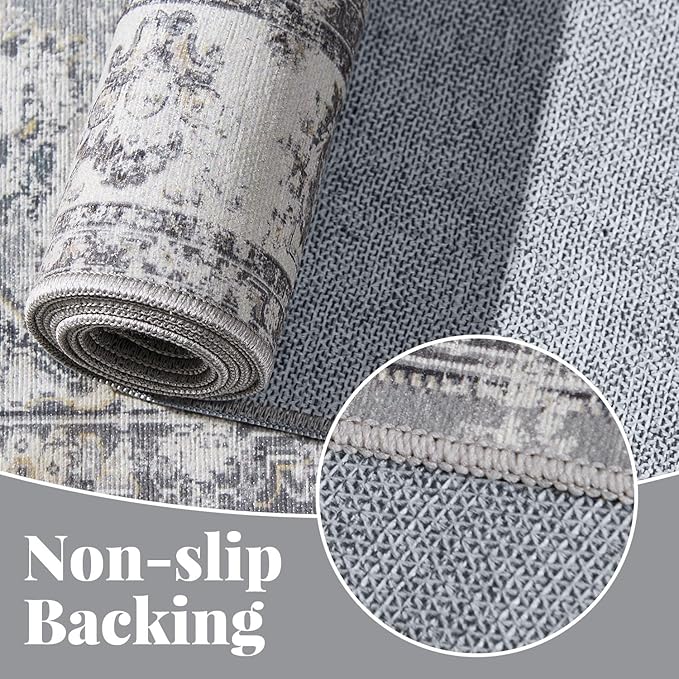 jinchan Hallway Runner Rug 3x7 Machine Washable Runner Rug Grey Vintage Floral Design Non-Slip Low Pile Ultra-Thin for Kitchen Laundry Room Bedroom Farmhouse (3‘x7',Grey)
