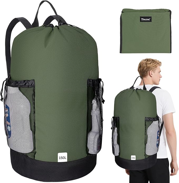 BALEINE 150L Laundry Bag Backpack, 900D Oxford Fabric Large Travel Laundry Bags with Shoulder Straps and 2 Mesh Pockets for College Dorm, Apartment, Laundromat (Green, 150L)