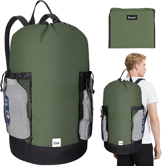 BALEINE 150L Laundry Bag Backpack, 900D Oxford Fabric Large Travel Laundry Bags with Shoulder Straps and 2 Mesh Pockets for College Dorm, Apartment, Laundromat (Green, 150L)
