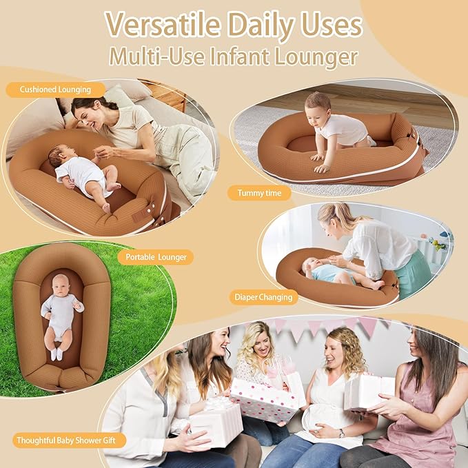 Baby Lounger, Deluxe Infant Lounger, Baby Nest Cover for Baby, Breathable Cotton, Adjustable Baby Floor Seat for Tummy Time, Newborn Essentials for Baby 0-12 Months (Brown)