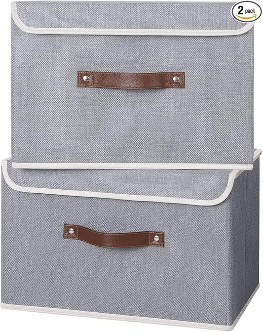 ANMINY 2PCS Storage Bins with Lid PU Leather Handles Storage Boxes PP Plastic Board Decorative Foldable Lidded Cotton Linen Fabric Home Cubes Baskets Closet Organizer Containers - Gray, Large Size
