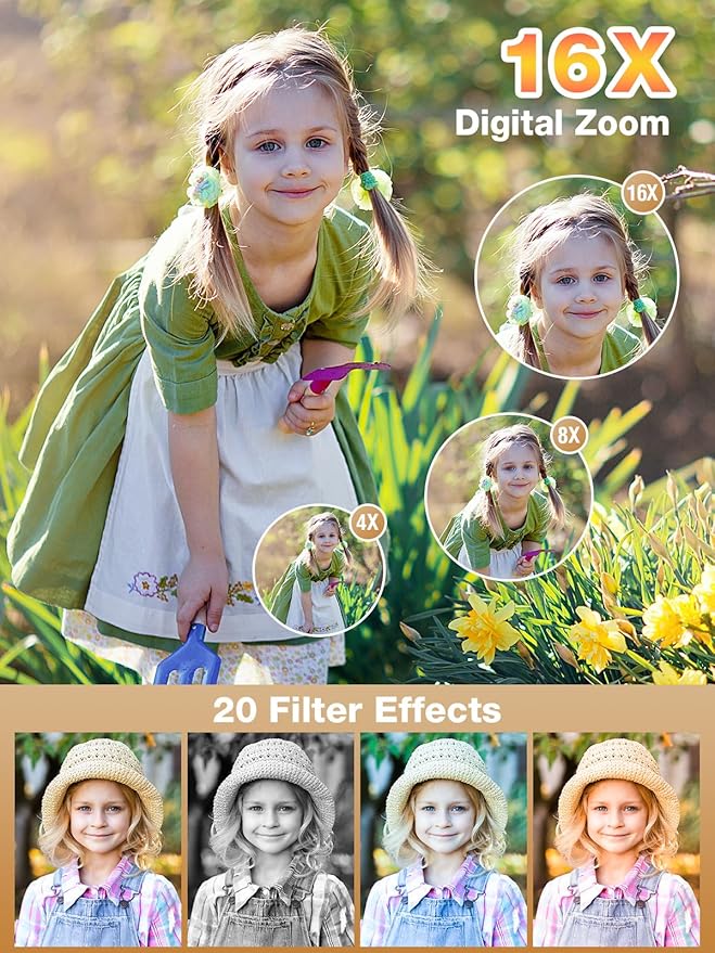 Digital Camera,FHD 1080P Kids Camera 44MP Point and Shoot Digital Cameras with 32GB Card,16X Zoom,Anti-Shake,Date Stamp,Compact Small Cameras Photography for Kids Student Teen Girl Boy(White)