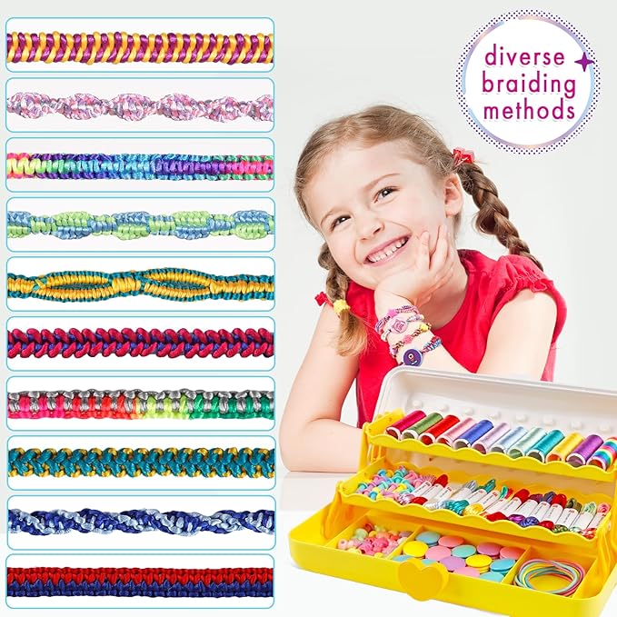 Friendship Bracelet Making Kit with Storage Box,DIY String Bracelet Arts and Craft for Girls Aged 8-12,Kids' Travel Activity Toy Set,Birthday Gifts for Ages 6 7 8 9 10 11 12 Year Old (White/Yellow)