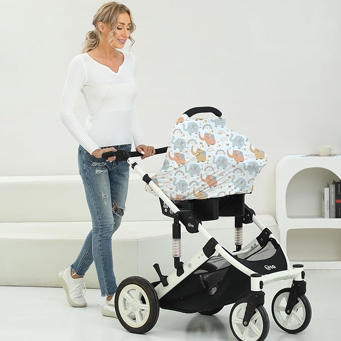 Breathable Car Seat Cover for Babies – Multi-Purpose Soft Rayon Nursing Cover for Breastfeeding, High Stretchy Infant Carseat Canopy, Stroller Cover (Smooth Rayon, Cute Elephant)