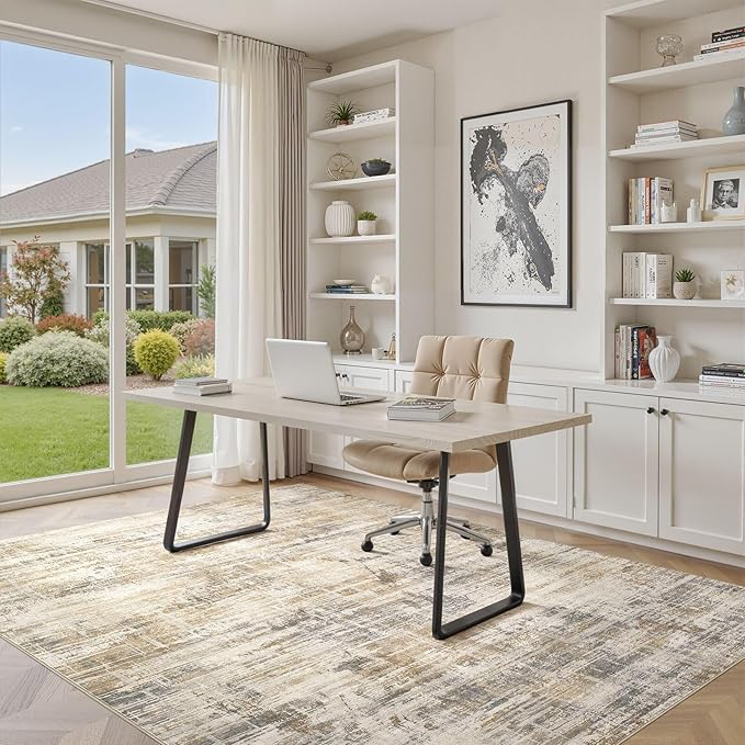 Area Rug for Living Room: 7x9 Washable Neutral Abstract Modern Soft Rugs Non Slip Indoor Floor Stain Resistant Large Carpet for Bedroom Dining Room Office Nursery - Golden Brown