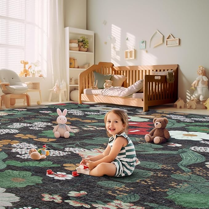 8x10 Area Rug for Living Room: Vintage Floral Washable Rug Soft Boho Non Slip Carpet Large Indoor Floor Non Shedding Low Pile Thin Carpets for Bedroom Dining Room Farmhouse Nursery Home Office Green