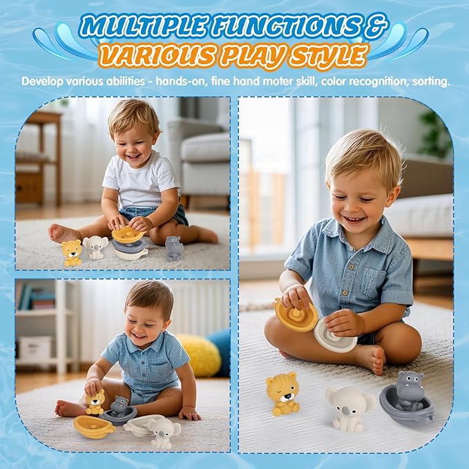 Bath Pool Toys for Toddler, Stacking Toys with 3 Boat 3 Sensory Finger Puppets, Toddler Toys Gifts for 2-4 Year Old Boy Girl, Model B