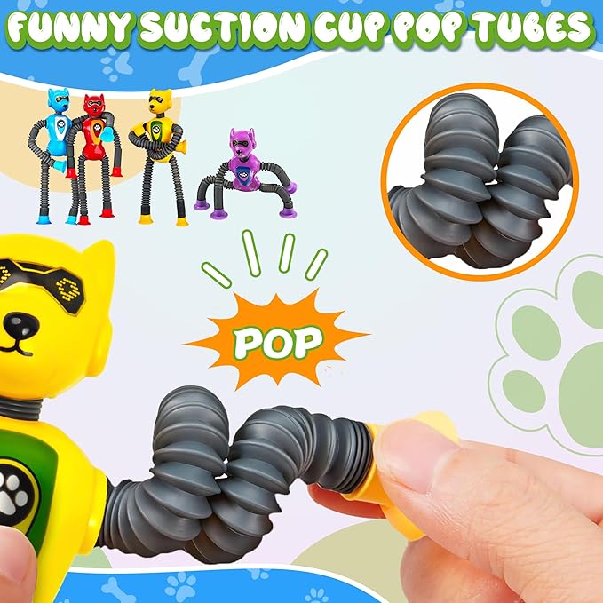 Cool Robot Dog Pop Tubes Sensory Fidgets Toddler Toy 4PC Travel Toys Airplane Car Activities Autistic Road Trip Toys Suction Tube for Kid Boy Year Old Ages 3 4 5 6 7 8 ADHD Autism Fidget Classroom