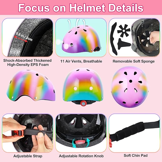 Kids Bike Helmet with DIY Stickers and Knee Pads Elbow Pads Wrist Guard Set for Ages 3-8-14 Toddler Boys Girls Helmet for Roller Skates Cycling Skateboarding Bicycle Scooter