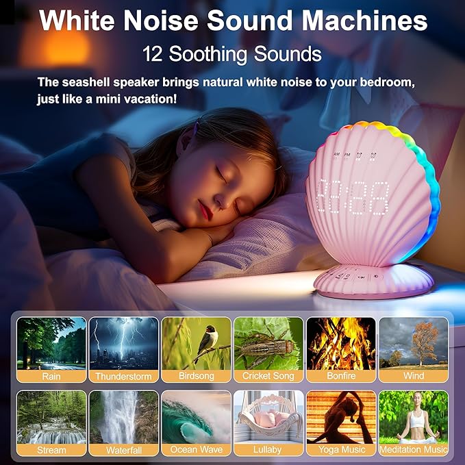Alarm Clocks for Bedrooms,Portable Bluetooth Speaker,White Noise Sound Machines,Song 20/40/60 Timer,RGB Night Light,Bedroom Decor Aesthetic,Ideal Gift for Adult Women Teen Girls Boys(Pink)