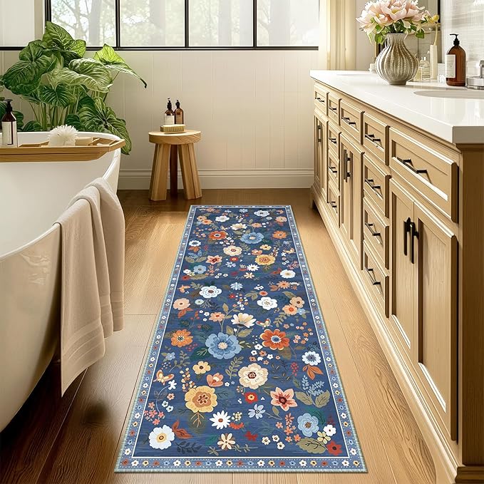 Floral 2x10 Area Rug Machine Washable Soft Print Boho Carpet Non Slip Doormat Low Pile Flower Area Rugs for Living Room Bedroom Nursery Kitchen Dining Room Indoor-Blue/Grey