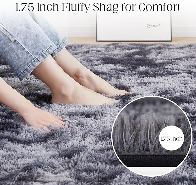 Fluffy Shag Area Rug, 3x5 Tie-Dyed Dark Grey Rugs for Bedroom, Soft Plush Area Rugs for Living Room, Non-Slip Indoor Carpet for Nursery, Study Room, Dressing Room, Home Decor