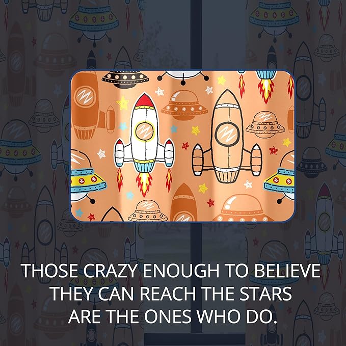 Kids Space UFO Rocket Blackout Curtains - 100% Blackout, Thermal Insulated, Noise Reducing, Perfect for Kids Room and Nursery, 2 Panels (Sunny Space Parade, W52×L63)