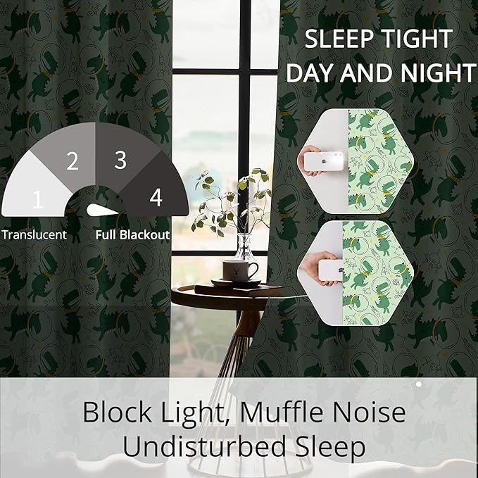 Kids Space Dino Blackout Curtains - 100% Blackout, Thermal Insulated, Noise Reducing, Perfect for Kids Room and Nursery, 2 Panels (Cosmo Dino Green, W52×L63)